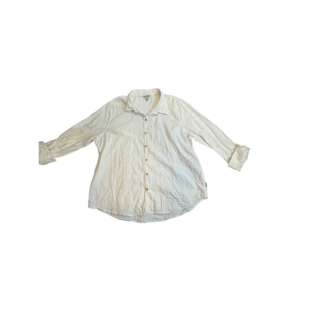 Orvis Classic Womens XL Linen Blend Button Down Shirt Cream Roll Tab Sleeves - Picture 2 of 7